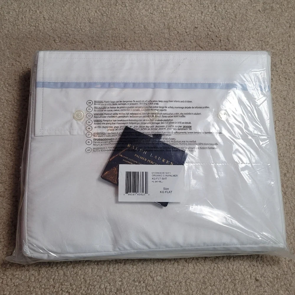 Ralph Lauren New Organic Cotton Palmer Percale King Flat Sheet White Sky Blue